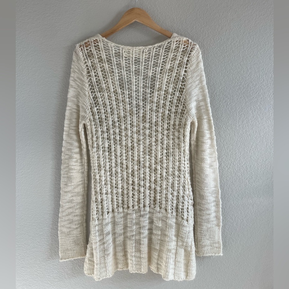 Aventura Pointelle Knit Cardigan Wool Blend Cream Layering Boho Open Knit - Picture 2 of 7